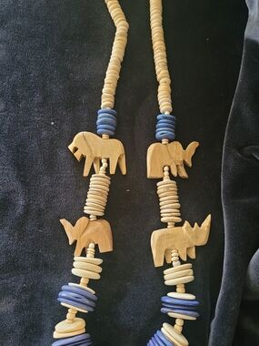 Wooden Elephant & Rhino Bead Necklace in Natural & Navy